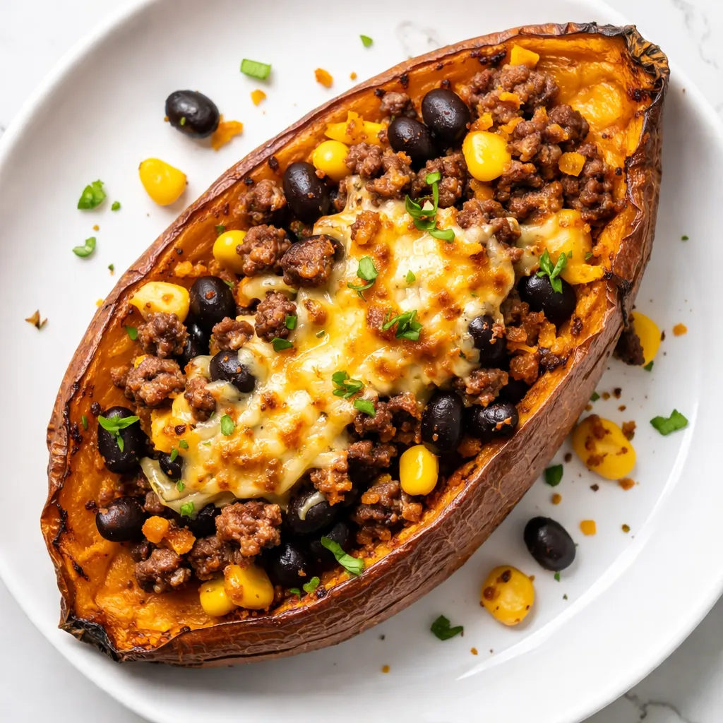 Halved sweet potatoes stuffed with seasoned taco meat, black beans, and cheese, baking on a sheet pan with a crispy, golden topping.