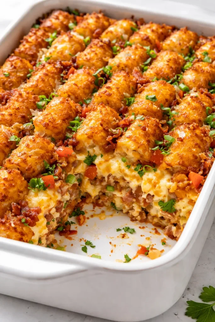 Tater tot breakfast casserole with crispy golden top and creamy custardy center, served in a baking dish.