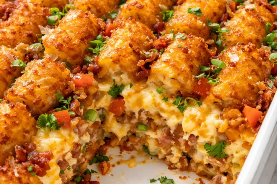 Tater tot breakfast casserole with crispy golden top and creamy custardy center, served in a baking dish.