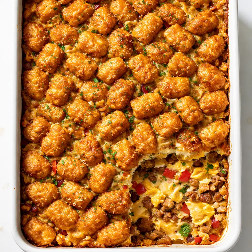 Golden brown crispy tater tot breakfast casserole in a baking dish with eggs and cheese, custardy center visible through a lifted fork, baked to perfection.