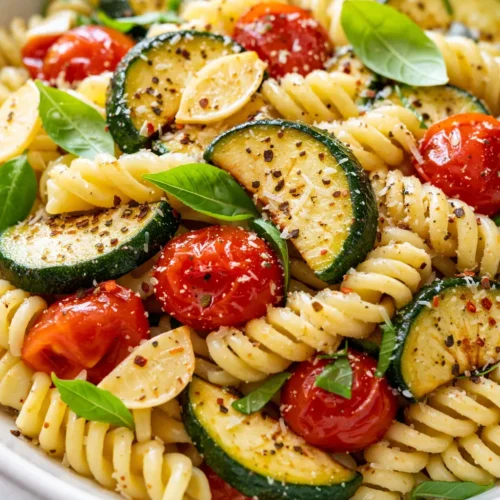 Tomato zucchini pasta served on a white plate, with al dente pasta and tender zucchini pieces in a rich tomato sauce, garnished with fresh basil and Parmesan.