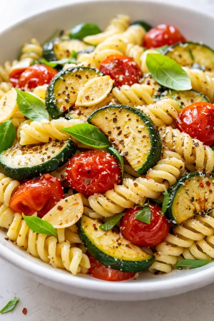 Tomato zucchini pasta served on a white plate, with al dente pasta and tender zucchini pieces in a rich tomato sauce, garnished with fresh basil and Parmesan.