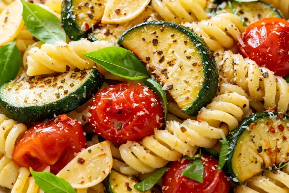 Tomato zucchini pasta served on a white plate, with al dente pasta and tender zucchini pieces in a rich tomato sauce, garnished with fresh basil and Parmesan.