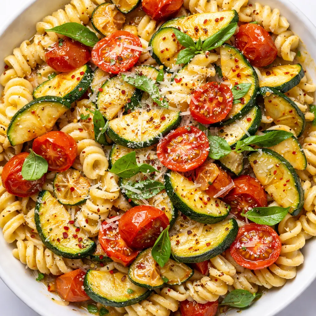 Bright tomato sauce coating al dente pasta with tender zucchini slices in a skillet, capturing the golden edges of sautéed zucchini.