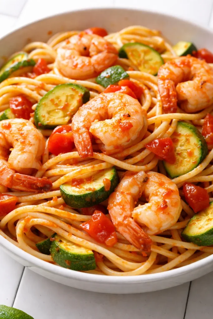Plate of tomato zucchini shrimp pasta with tender shrimp, zucchini slices, and cherry tomatoes in a light sauce, garnished with fresh parsley.