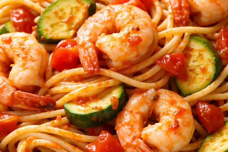 Plate of tomato zucchini shrimp pasta with tender shrimp, zucchini slices, and cherry tomatoes in a light sauce, garnished with fresh parsley.