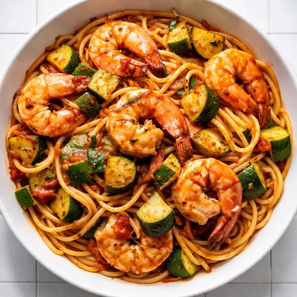 Sautéed shrimp, diced tomatoes, and zucchini slices in a garlic olive oil sauce, vibrant and juicy.