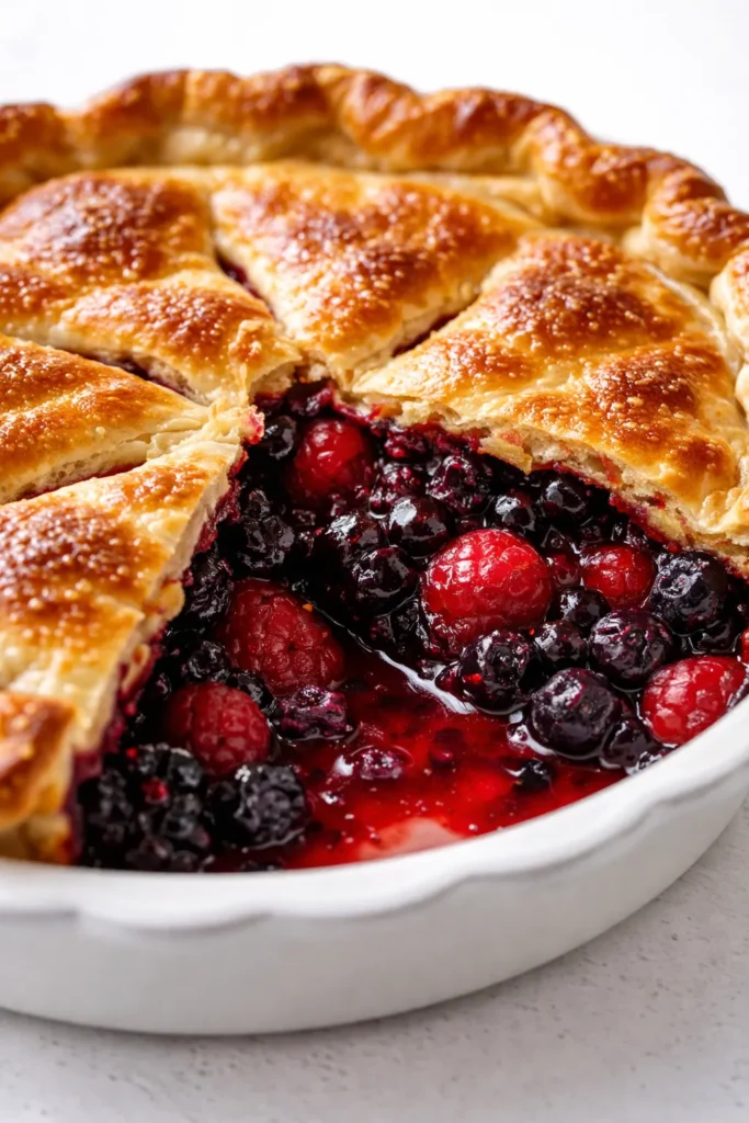 Golden-brown triple berry pie with lattice crust, filled with juicy berries, on a plate with a slice showing a crisp, non-soggy bottom.