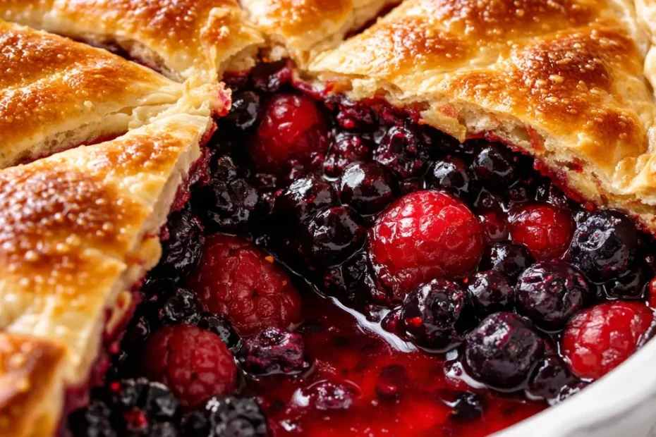 Golden-brown triple berry pie with lattice crust, filled with juicy berries, on a plate with a slice showing a crisp, non-soggy bottom.