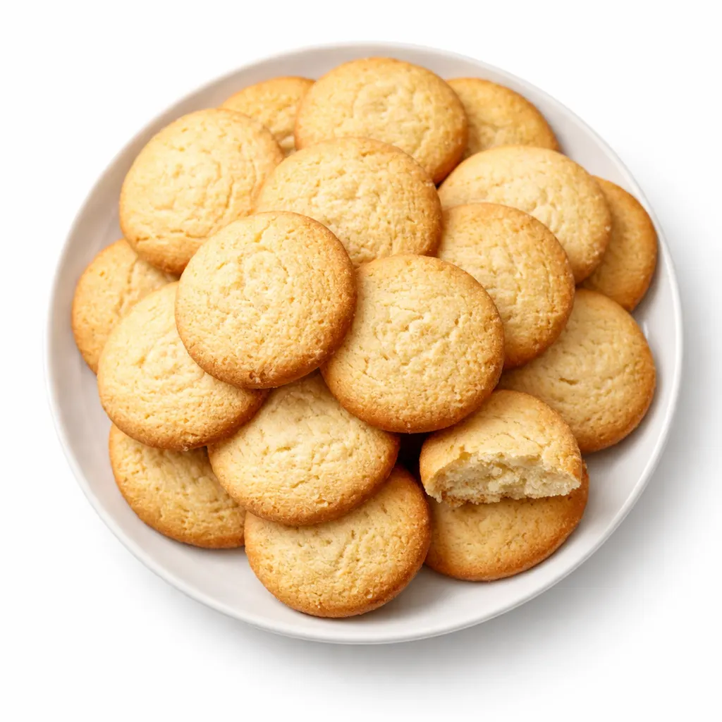 Golden brown vanilla wafers stacked on a plate, showing their crisp snap and crunchy texture.
