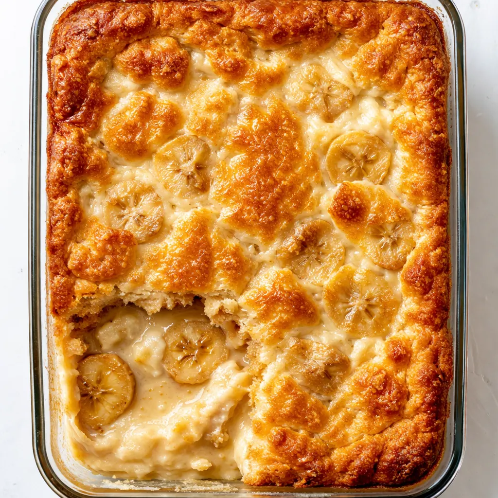 Warm banana cream cheese cobbler with golden buttery crust and gooey filling, spoonful revealing creamy center.