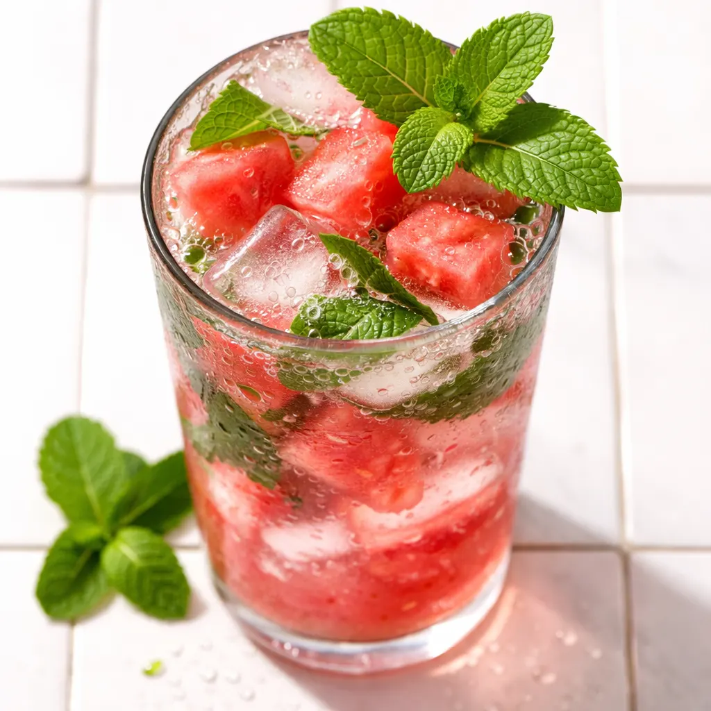 Fresh mint leaves and lime slices float in a clear glass of vibrant pink watermelon mojito with ice cubes, showcasing a cool, refreshing mocktail.