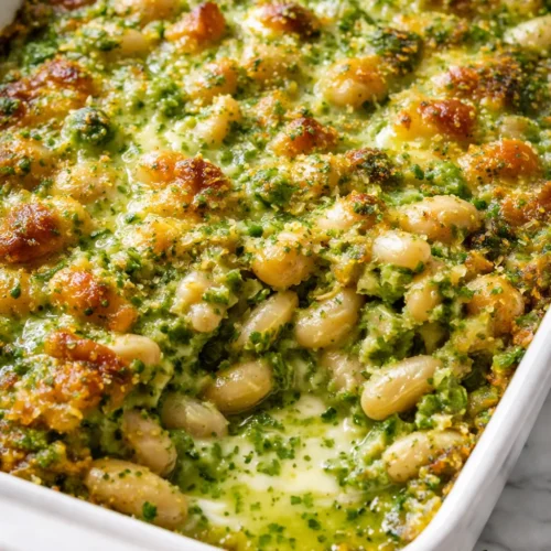 Golden brown white bean and pesto bake with melted cheese and crispy breadcrumb topping.