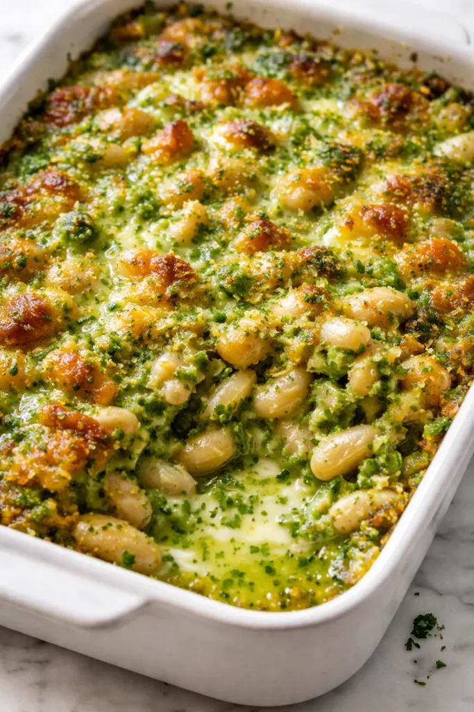 Golden brown white bean and pesto bake with melted cheese and crispy breadcrumb topping.