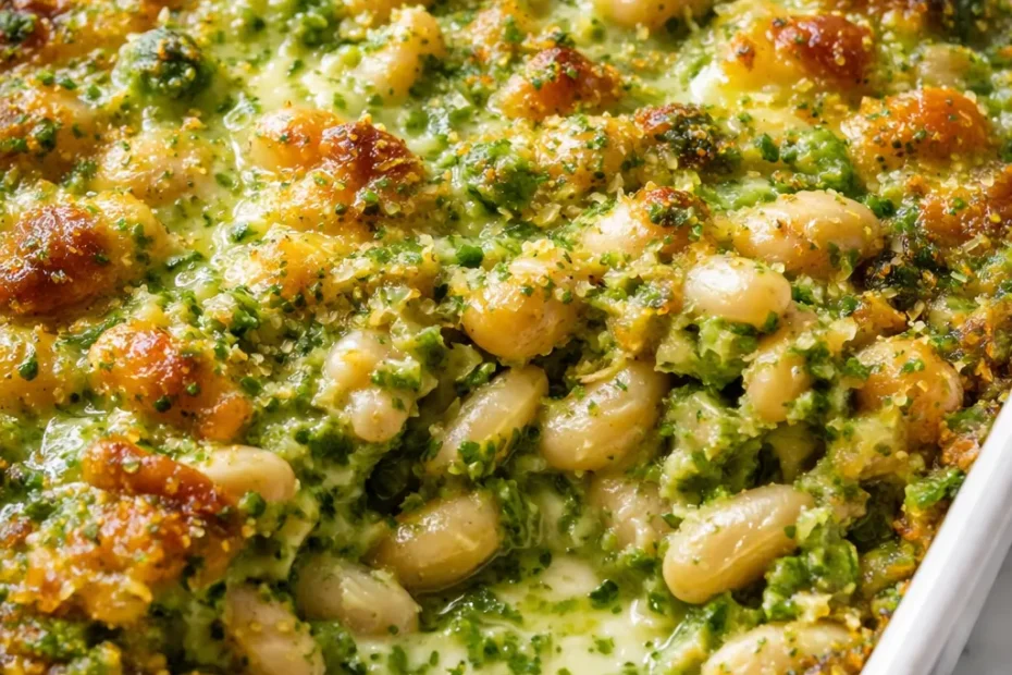 Golden brown white bean and pesto bake with melted cheese and crispy breadcrumb topping.
