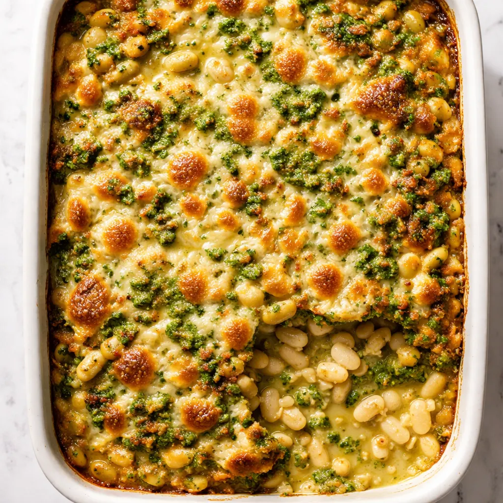 White beans and pesto bake mixture with creamy texture and vibrant green color before baking.