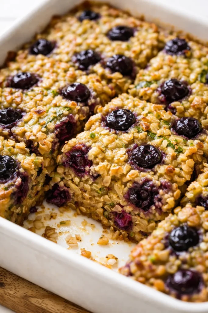 Warm golden baked oatmeal with blueberries and shredded zucchini, topped with fresh berries and a light dusting of cinnamon.