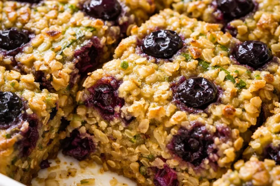 Warm golden baked oatmeal with blueberries and shredded zucchini, topped with fresh berries and a light dusting of cinnamon.