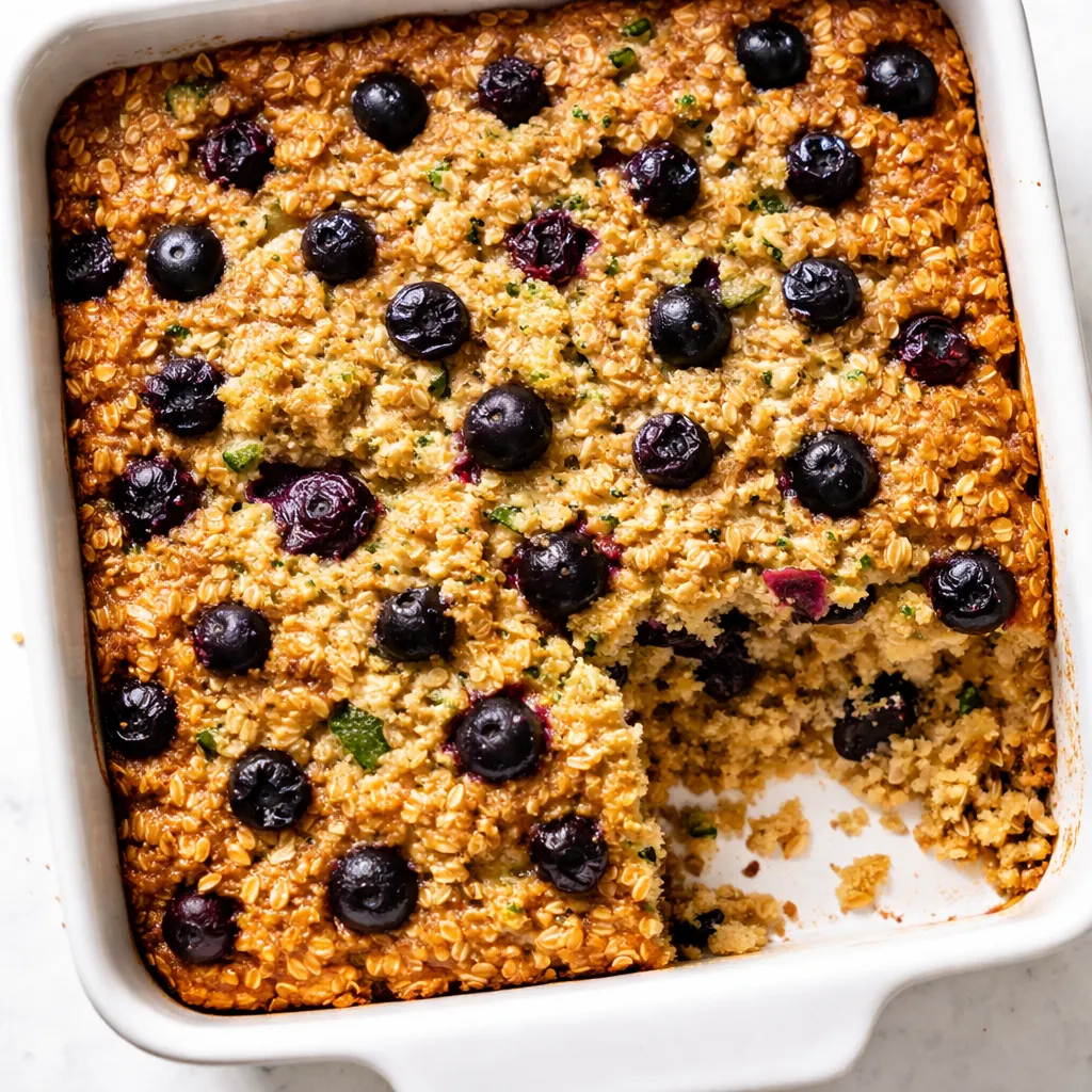 Freshly grated zucchini and blueberries folded into a thick oatmeal batter, vibrant green and purple colors.