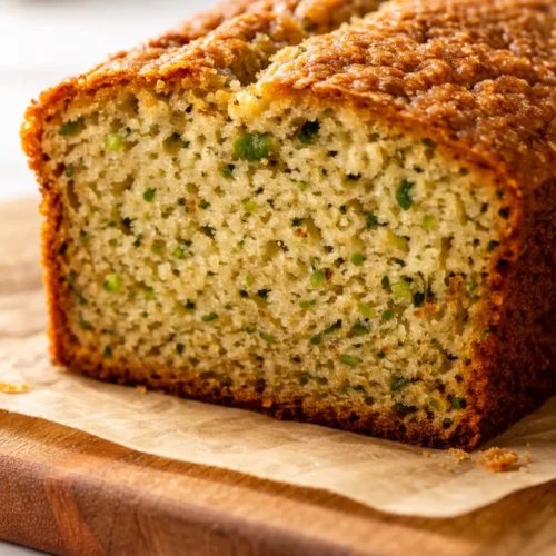 Moist zucchini bread slice with golden crust and visible green flecks, stays fresh longer than any loaf tried