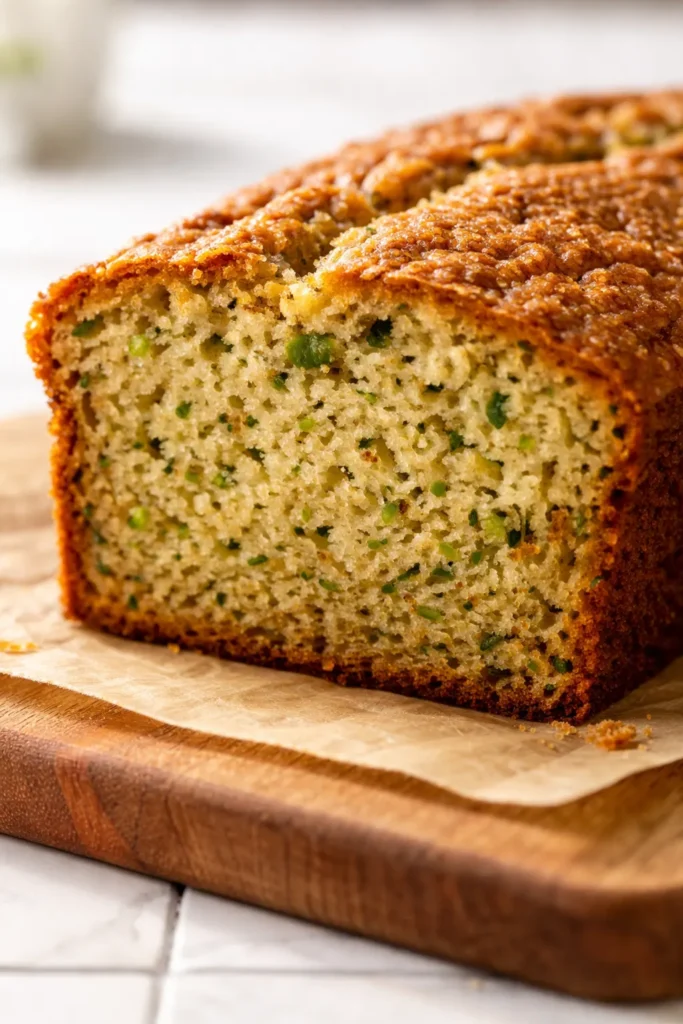 Moist zucchini bread slice with golden crust and visible green flecks, stays fresh longer than any loaf tried