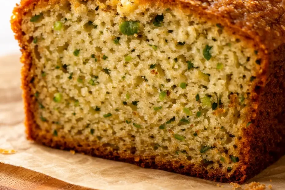 Moist zucchini bread slice with golden crust and visible green flecks, stays fresh longer than any loaf tried
