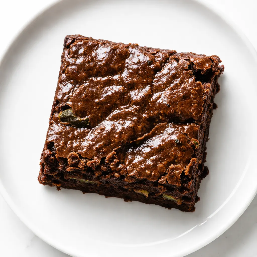 Moist, fudgy zucchini brownies with a glossy top, rich chocolate color, and a crinkly surface.