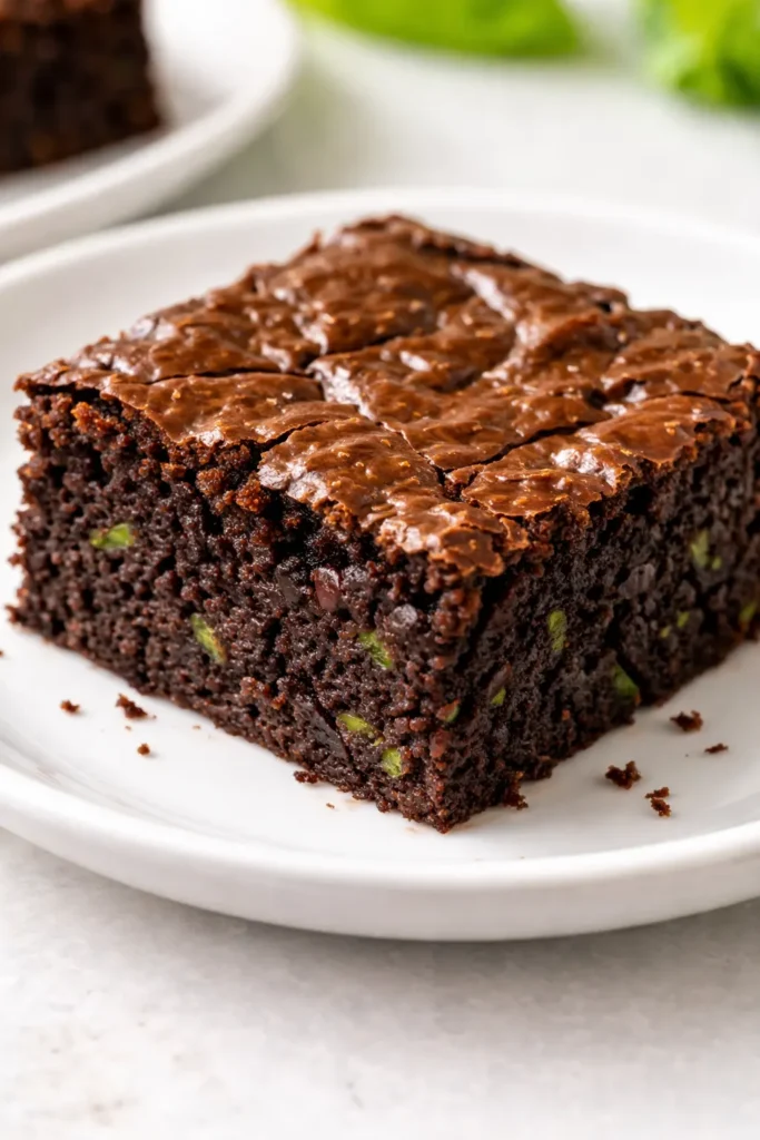 Fudgy chocolate zucchini brownies with a moist, crackly top and rich, dark color, no visible vegetables.