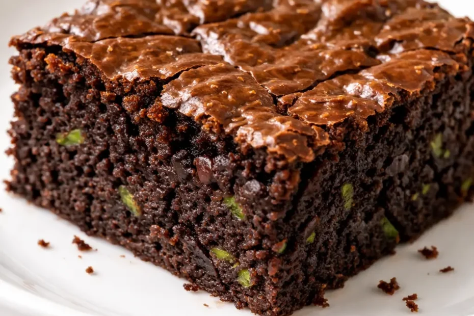 Fudgy chocolate zucchini brownies with a moist, crackly top and rich, dark color, no visible vegetables.