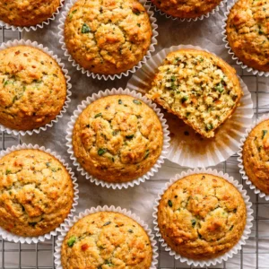 Freshly grated zucchini and carrots being folded into fluffy muffin batter, bright orange and green shreds visible.