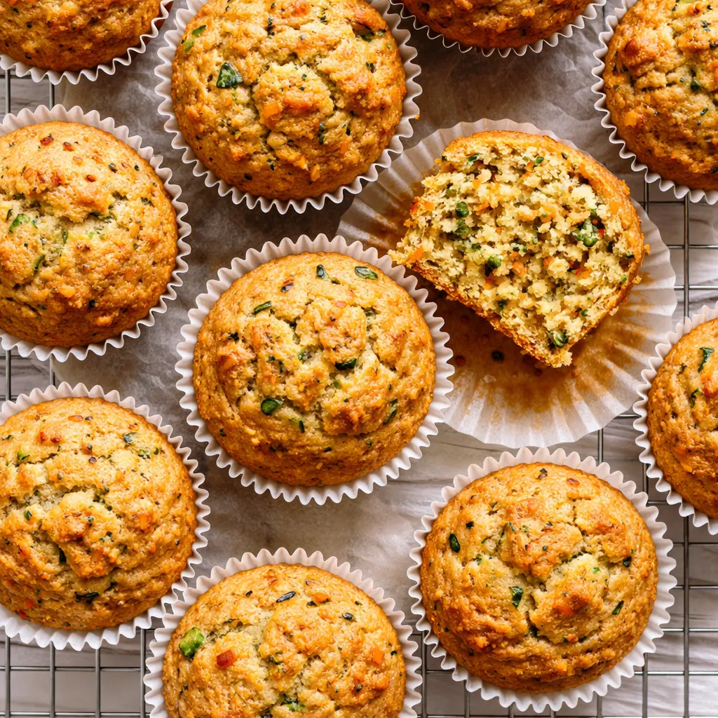 Freshly grated zucchini and carrots being folded into fluffy muffin batter, bright orange and green shreds visible.