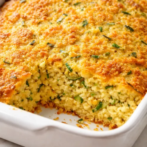 Golden brown zucchini cornbread casserole with tender zucchini pieces and a crisp, moist crumb.