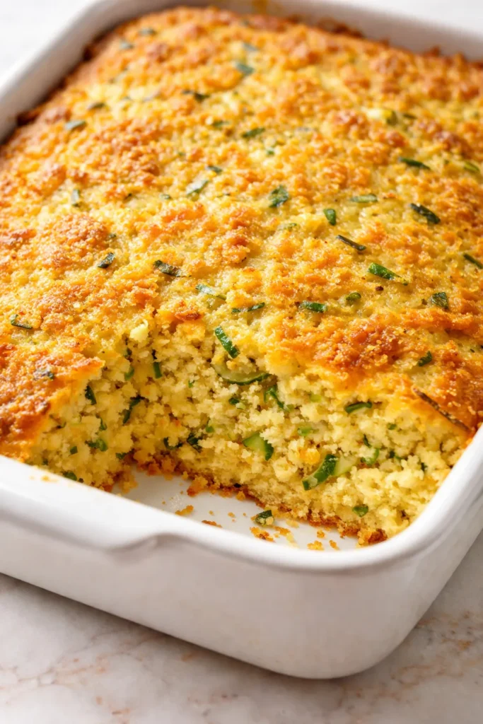 Golden brown zucchini cornbread casserole with tender zucchini pieces and a crisp, moist crumb.