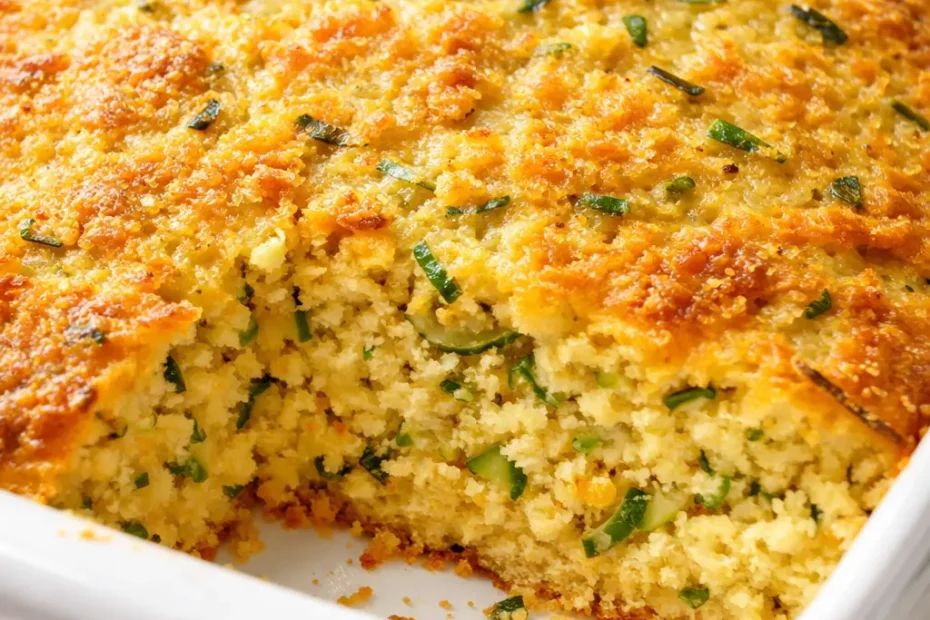 Golden brown zucchini cornbread casserole with tender zucchini pieces and a crisp, moist crumb.