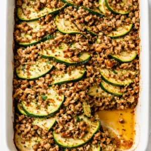 Golden brown ground turkey layered with fresh zucchini strips and rich tomato sauce in a baking dish, creating a hearty low-carb lasagna.