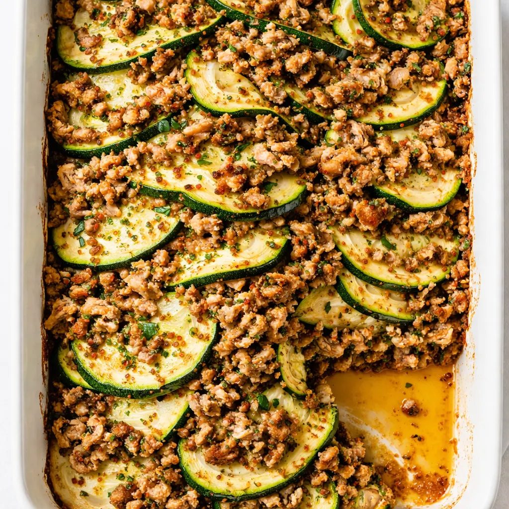 Golden brown ground turkey layered with fresh zucchini strips and rich tomato sauce in a baking dish, creating a hearty low-carb lasagna.