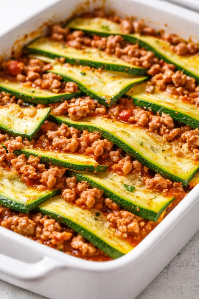 A generous slice of hearty zucchini lasagna with ground turkey, layered with melted cheese and rich tomato sauce, showcasing its non-watery texture.