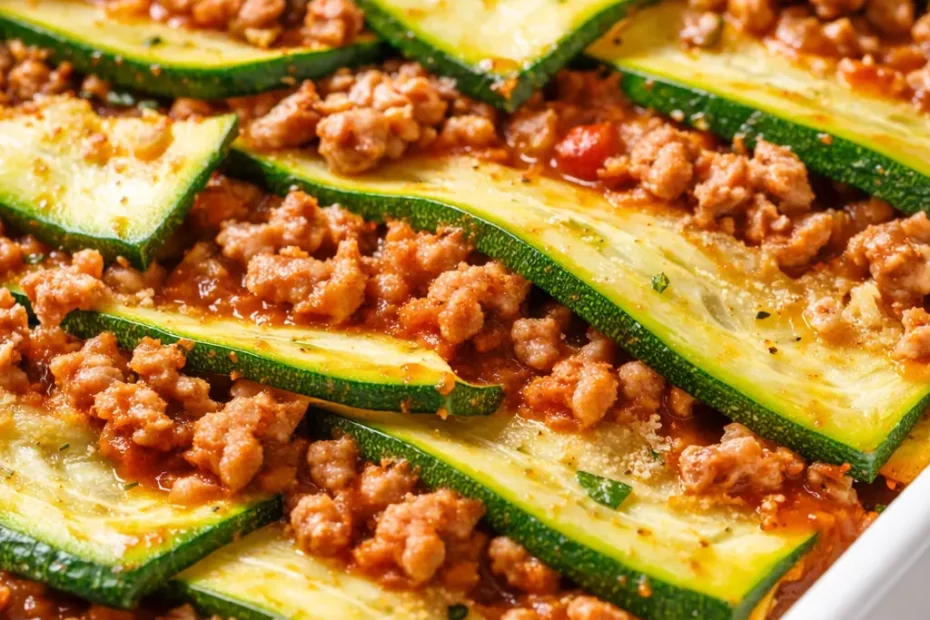 A generous slice of hearty zucchini lasagna with ground turkey, layered with melted cheese and rich tomato sauce, showcasing its non-watery texture.