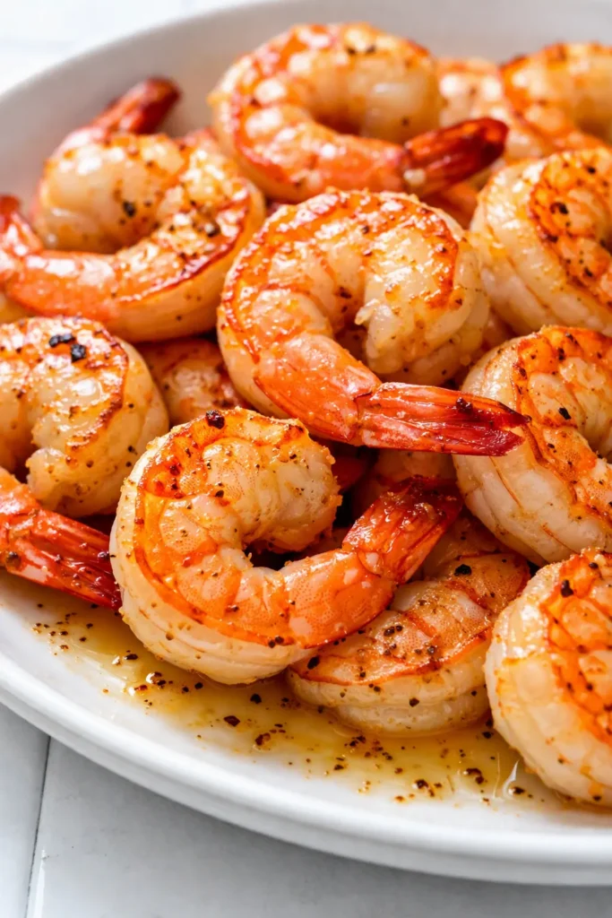 Crispy air fryer garlic parmesan shrimp with golden brown crust, juicy interior, and parsley garnish on a white plate.