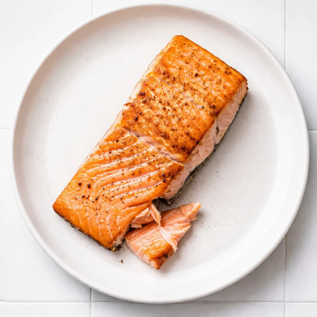 Golden-brown air fryer salmon fillets flaking juicy and tender, with crispy edges in the basket