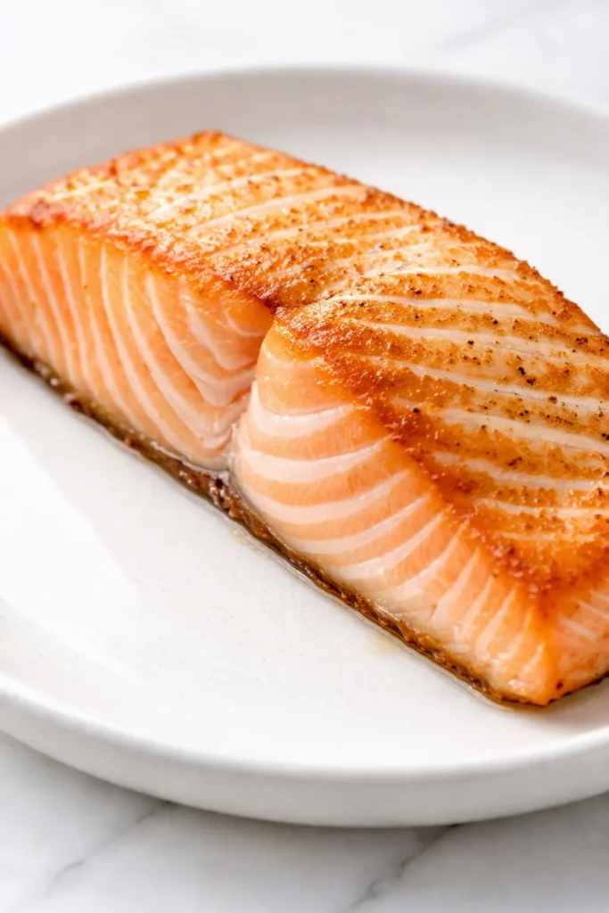 Air fryer salmon with golden-brown crust and tender, flaky pink flesh, garnished with lemon and fresh dill.
