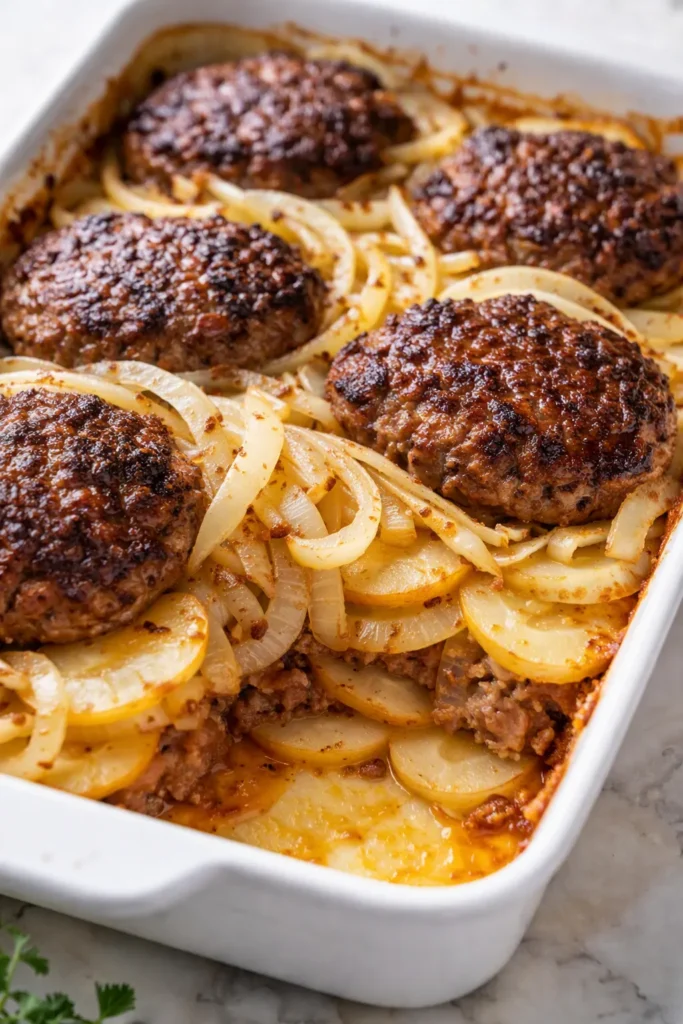 Hearty Amish hamburger steak bake in a cast iron skillet with golden melted cheese, savory brown gravy, and tender beef patties, garnished with parsley.