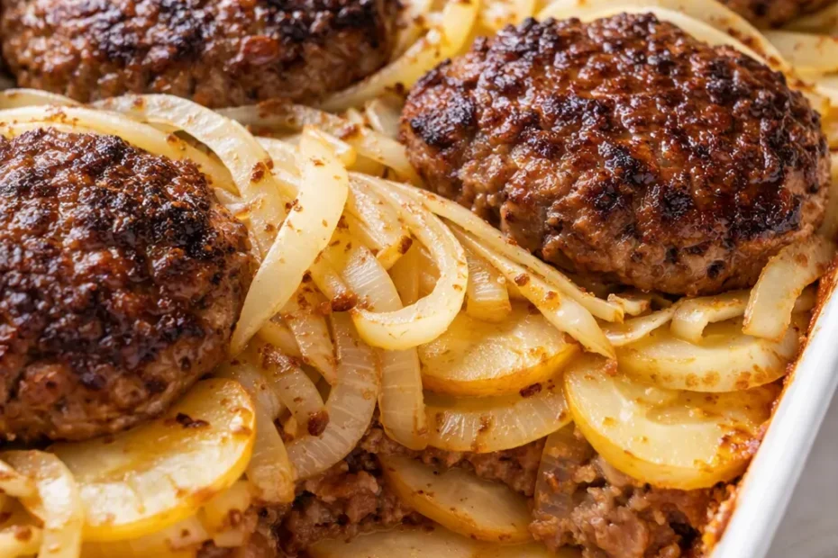 Hearty Amish hamburger steak bake in a cast iron skillet with golden melted cheese, savory brown gravy, and tender beef patties, garnished with parsley.