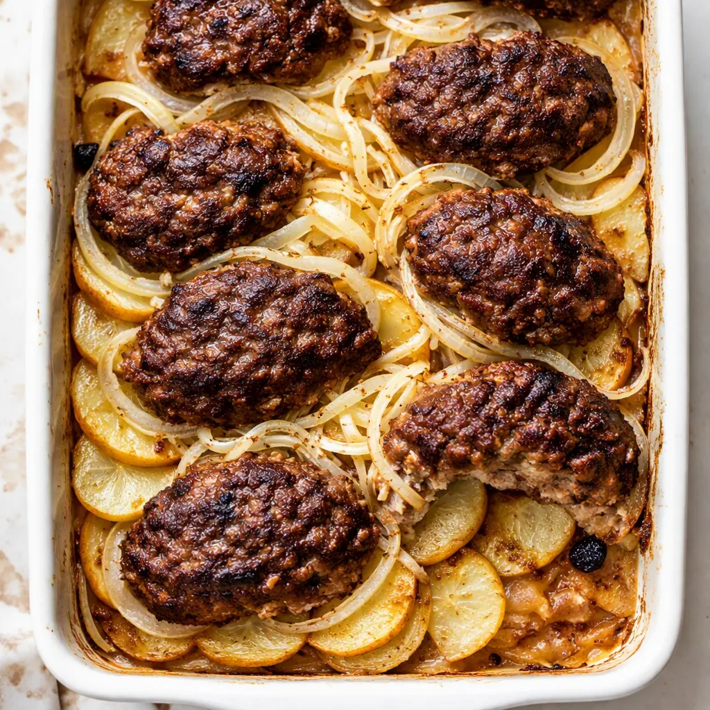 Ground beef patties nestled in a casserole dish with creamy mushroom gravy and onions, ready to bake for an Amish hamburger steak bake.