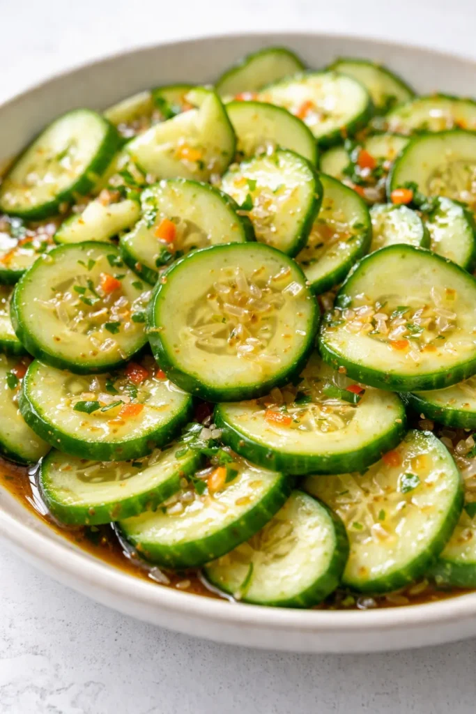Crisp Asian cucumber salad with sliced cucumbers, sesame seeds, and red chili flakes in a glossy soy dressing.