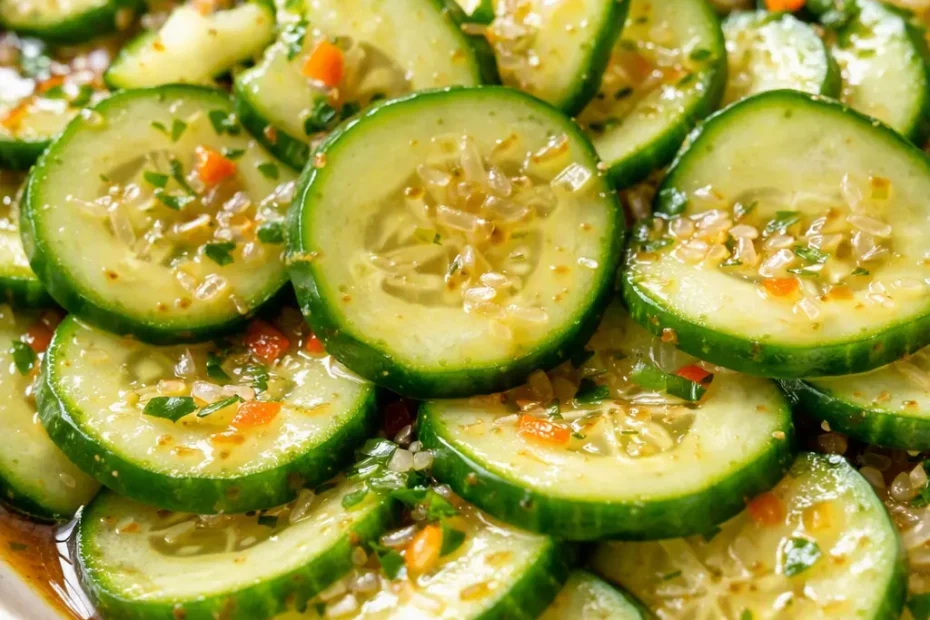 Crisp Asian cucumber salad with sliced cucumbers, sesame seeds, and red chili flakes in a glossy soy dressing.