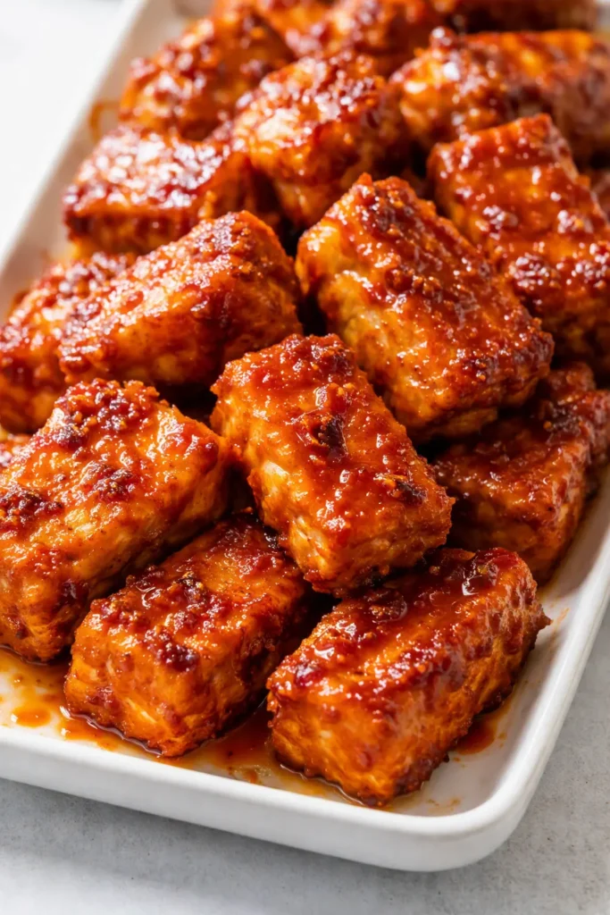 Baked buffalo tofu wings with crispy golden-brown edges, glossy red buffalo sauce, served with celery sticks and creamy ranch dip.
