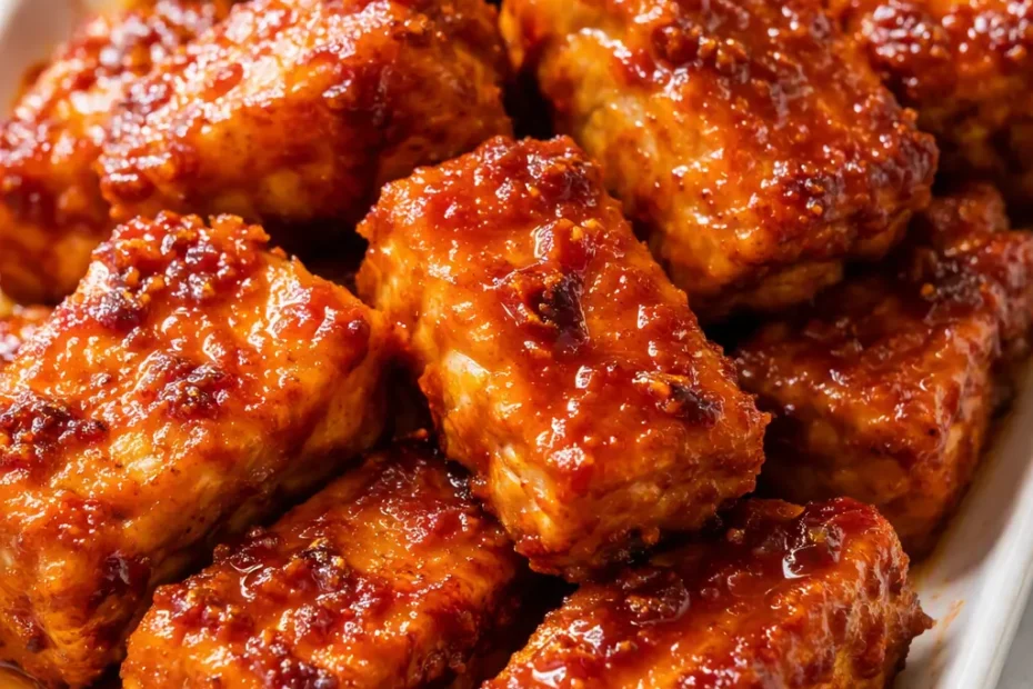 Baked buffalo tofu wings with crispy golden-brown edges, glossy red buffalo sauce, served with celery sticks and creamy ranch dip.