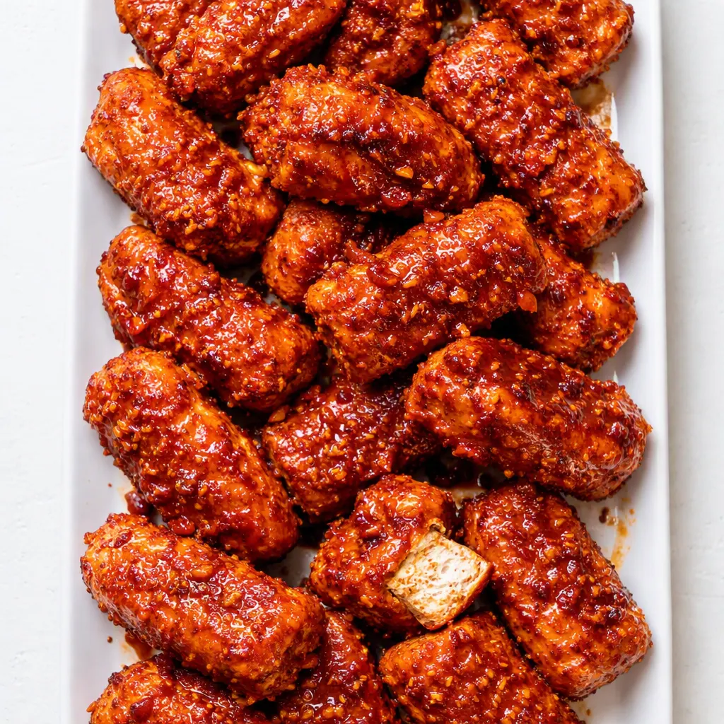 Baked buffalo tofu wings with golden crispy edges coated in glossy red hot sauce, resting on a parchment-lined baking sheet.