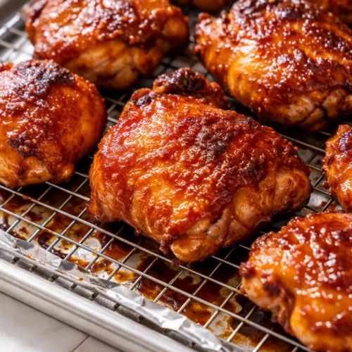 Baked orange chicken with glossy sticky-sweet sauce, crispy golden edges, and sesame seeds over white rice.
